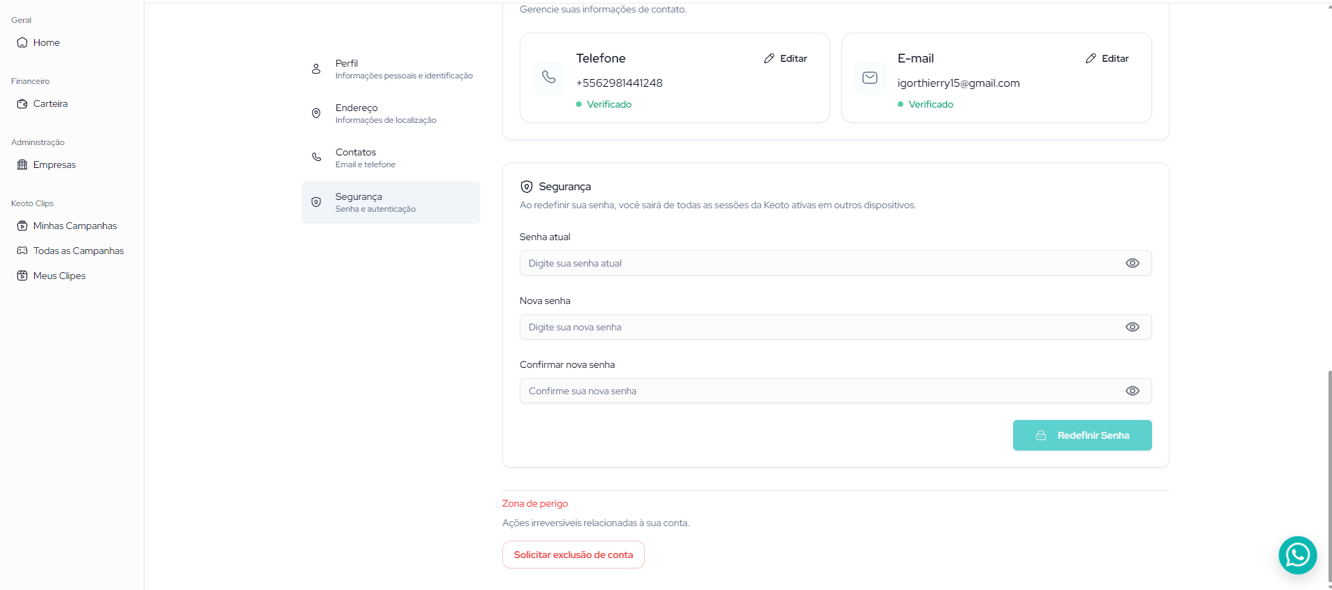 Botão Solicitar exclusão de conta na Zona de perigo